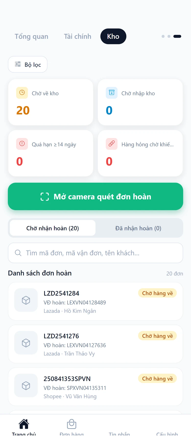 Màn hình Kho của ứng dụng di động Hubsell: quét đơn hoàn bằng camera và danh sách kiện chờ nhận